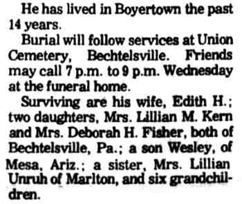 Detail of the Camden Courier-Post obituary of May 24, 1977 showing the closing survivors paragraph