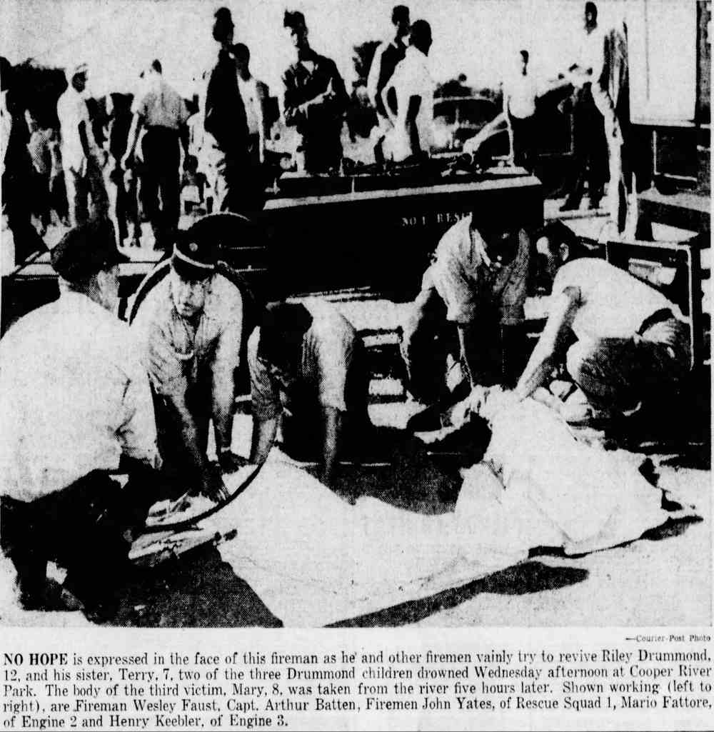 Firemen at the scene of the Drummond drowning at Cooper River Park, August 1954