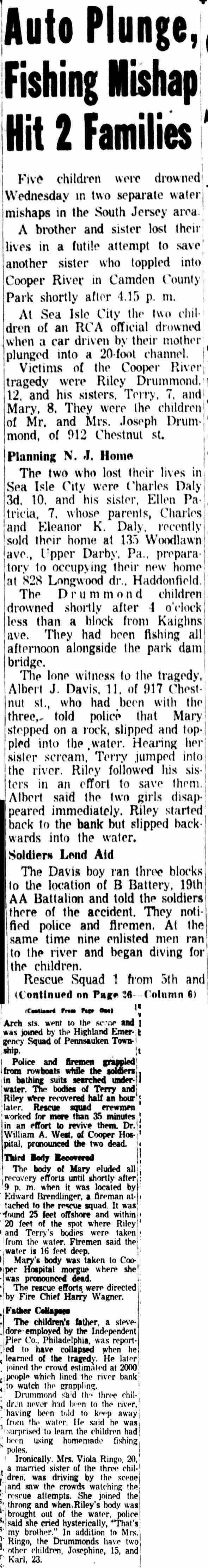 Page one column and page 26 continuation of the Camden Courier-Post report of the drownings