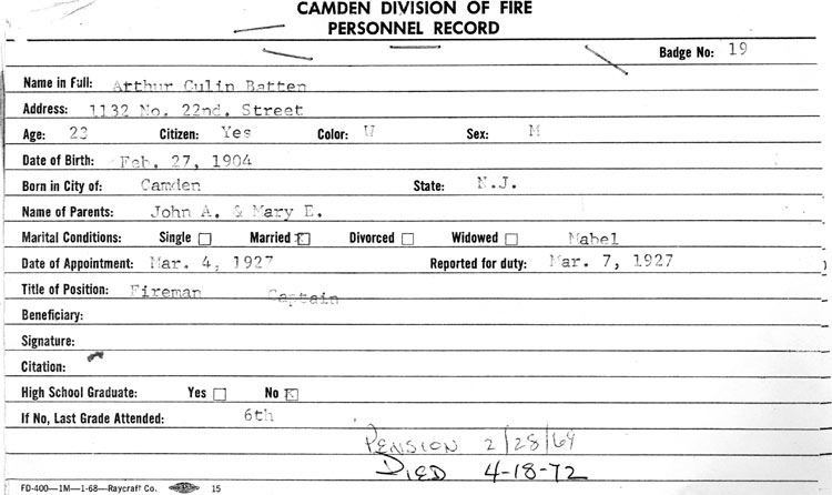 Camden Division of Fire personnel record card for Arthur C. Batten