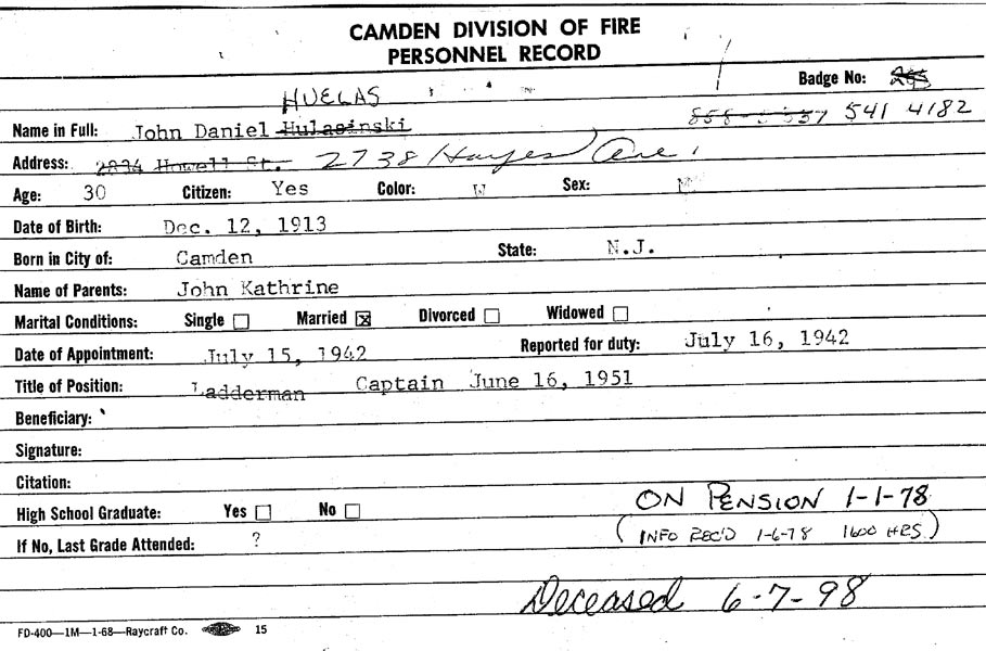 John D. Huelas Camden Division of Fire personnel record card, front