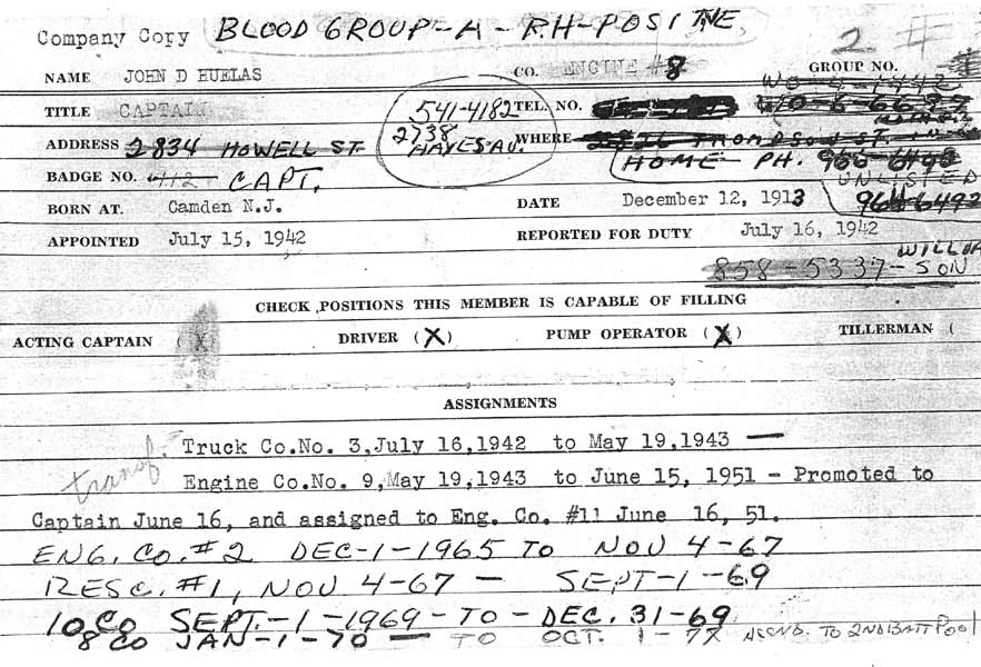 John D. Huelas Camden Division of Fire personnel record card, company copy with assignments