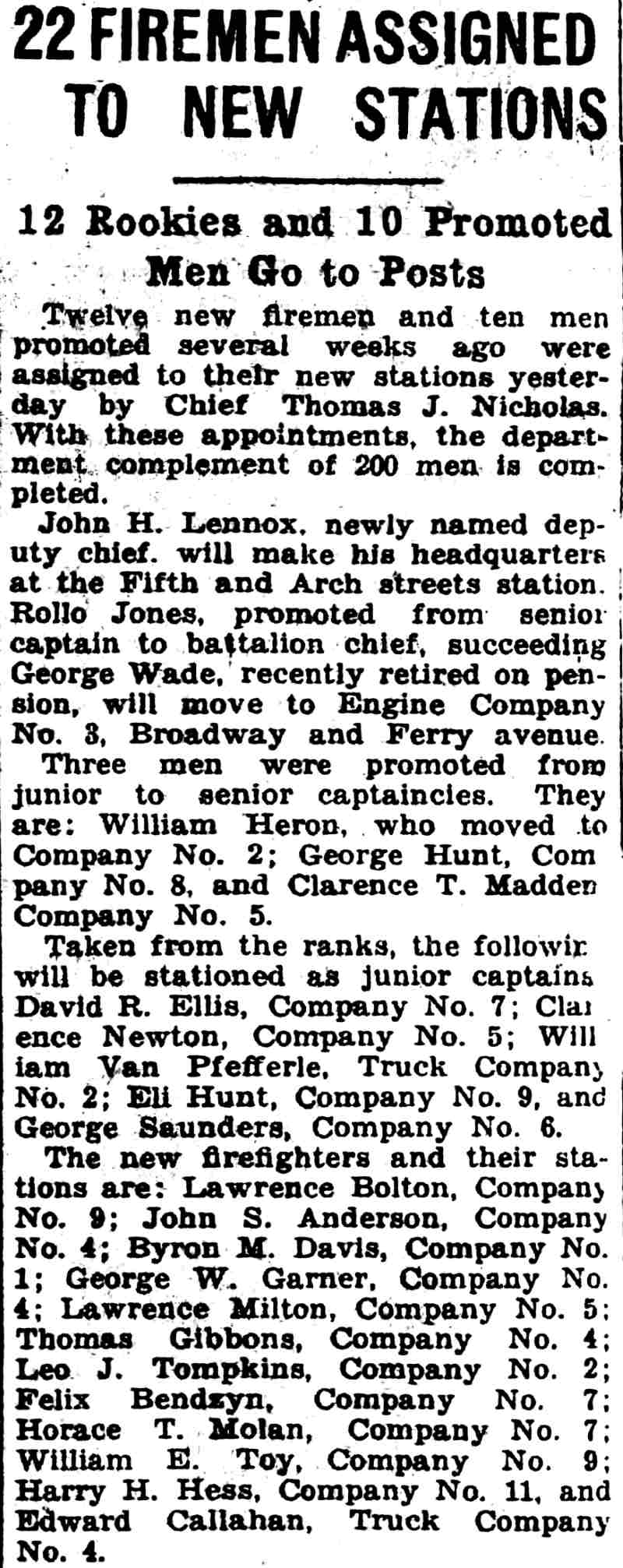 22 Firemen Assigned to New Stations, Camden Courier-Post, April 17, 1928
