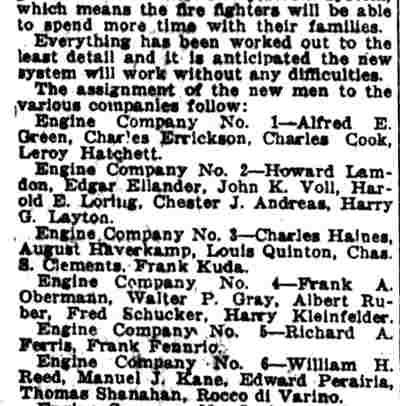 New Firemen Assigned for Two Platoons — detail: assignments to Engine Companies 1 through 6