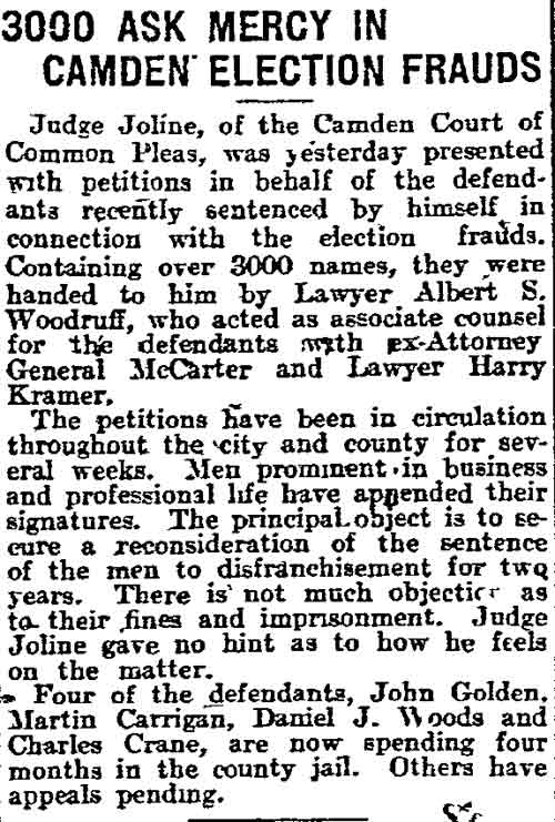 3000 Ask Mercy in Camden Election Frauds, Philadelphia Inquirer, June 1, 1911