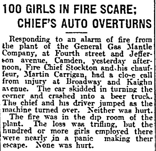 100 Girls in Fire Scare, Chief's Auto Overturns, Philadelphia Inquirer, September 13, 1914