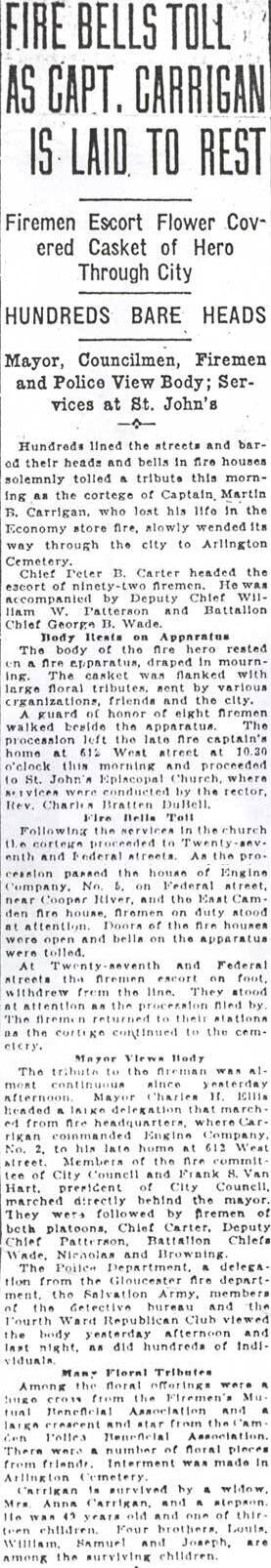 Fire Bells Toll as Capt. Carrigan Is Laid to Rest, Camden Daily Courier, January 23, 1922