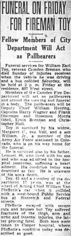Camden firefighters at William Earl Toy's funeral, April 24, 1948