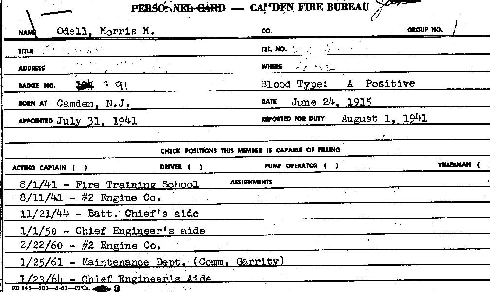 Camden Fire Bureau personnel record card for Morris M. Odell
