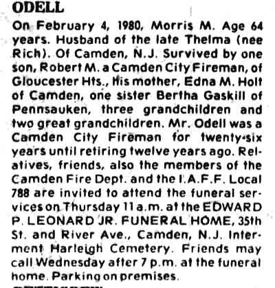 Death notice for Morris M. Odell, Camden Courier-Post, February 6, 1980