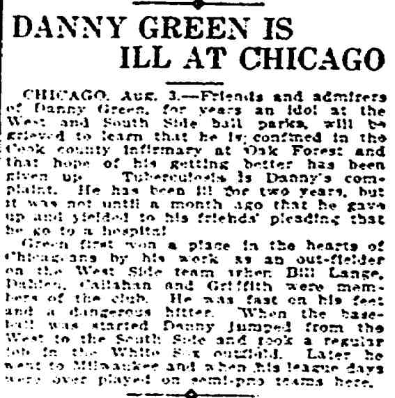 New Orleans Item, August 4, 1912, Danny Green Is Ill at Chicago