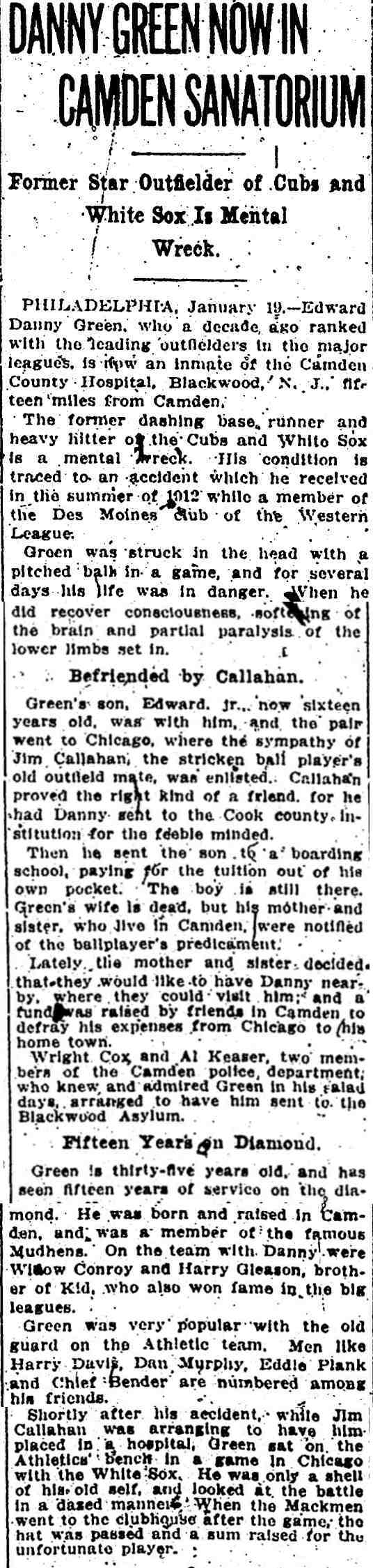 Washington DC Evening Star, January 19, 1914, Danny Green Now in Camden Sanatorium