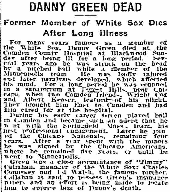 Philadelphia Inquirer, November 10, 1914, Danny Green Dead