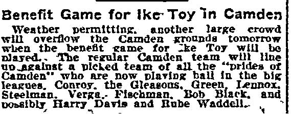 Benefit Game for Ike Toy in Camden, Philadelphia Inquirer, October 19, 1906