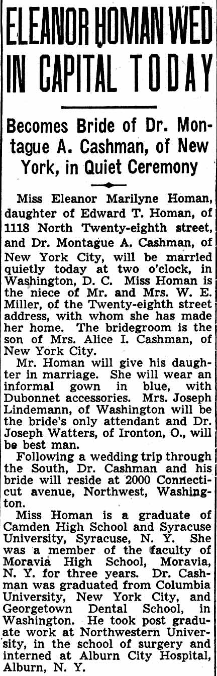 Eleanor Homan Wed in Capital Today — Camden Courier-Post, February 26, 1938