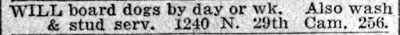 Classified advertisement offering dog boarding by day or week, washing and stud services, at 1240 N. 29th Street, Camden — Camden Courier-Post, June 12, 1933