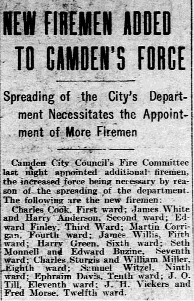 New Firemen Added to Camden's Force newspaper clipping