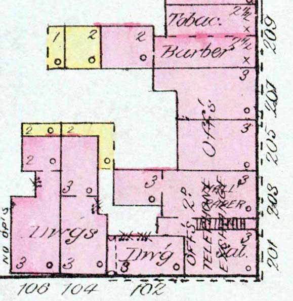 Northeast corner of North 2nd and Market Streets, 1885 (Sanborn map)