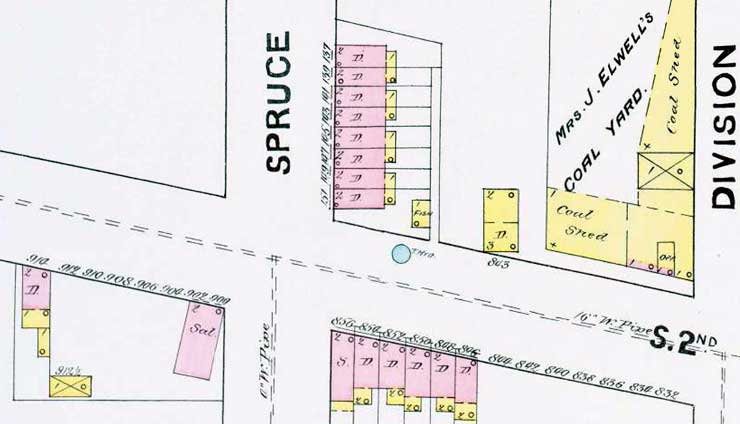 South 2nd Street and Spruce Street, Sanborn map, 1891