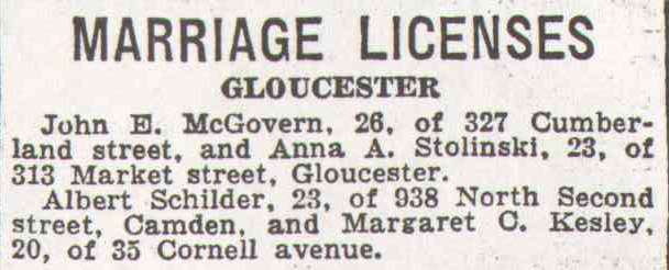 Newspaper clipping headlined "Marriage Licenses," October 28, 1936