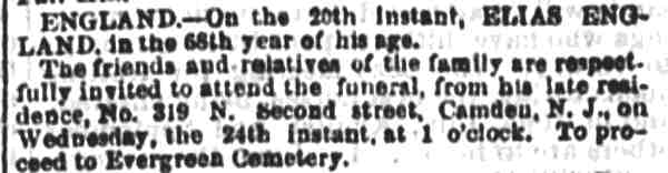 319 North 2nd Street, Elias England, Philadelphia Inquirer, May 23, 1876