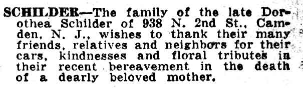 938 North 2nd Street — card of thanks from the family of Dorothea Schilder, February 25, 1938