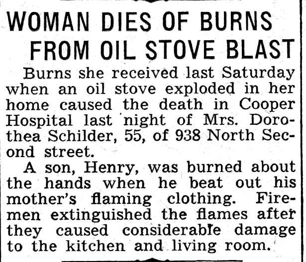 Newspaper clipping headlined "Woman Dies of Burns From Oil Stove Blast," February 19, 1938