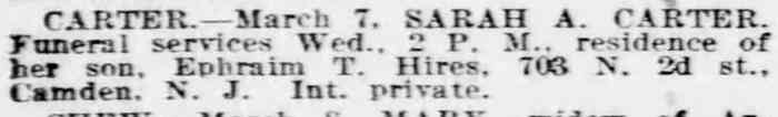 Ephraim Hires, 700 block North 2nd Street, Philadelphia Inquirer, March 10, 1920