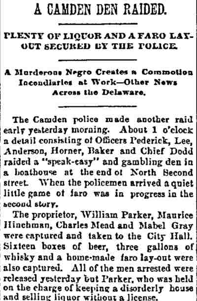 Philadelphia Inquirer, July 28, 1890 — speakeasy in a boathouse at the head of North 2nd Street