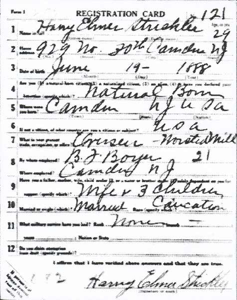 Harry E. Strickler — World War I draft registration card, 1917