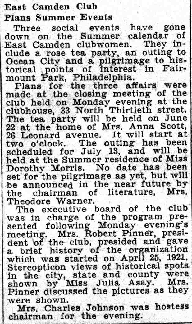 East Camden Club Plans Summer Events — Camden Courier-Post, June 15, 1932
