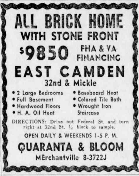 1954 Quaranta and Bloom real estate advertisement for new East Camden homes