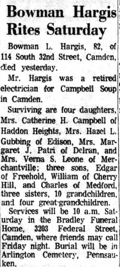 114 South 32nd Street, Bowman Hargis obituary, 1972