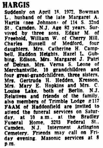 Hargis paid death notice, Camden Courier-Post, April 19, 1972