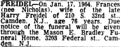 210 South 32nd Street, Camden Courier-Post death notice, January 17, 1964