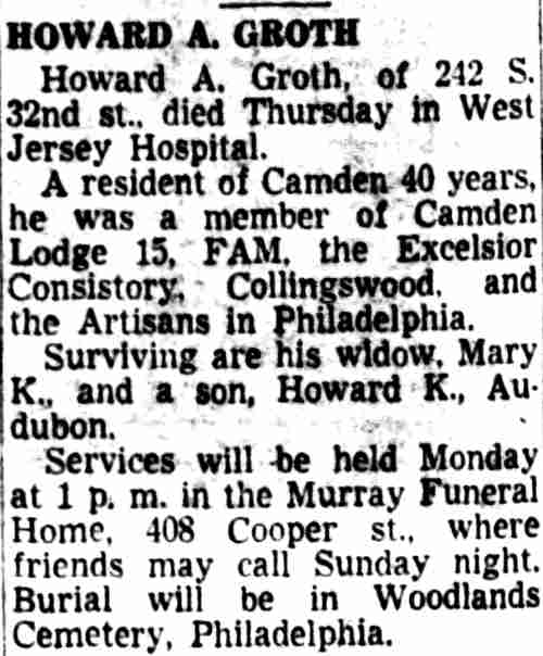 242 South 32nd Street, Howard A. Groth death notice, 1953