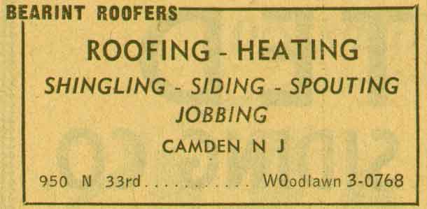 Bearint Roofers Yellow Pages advertisement, 950 North 33rd Street, 1955