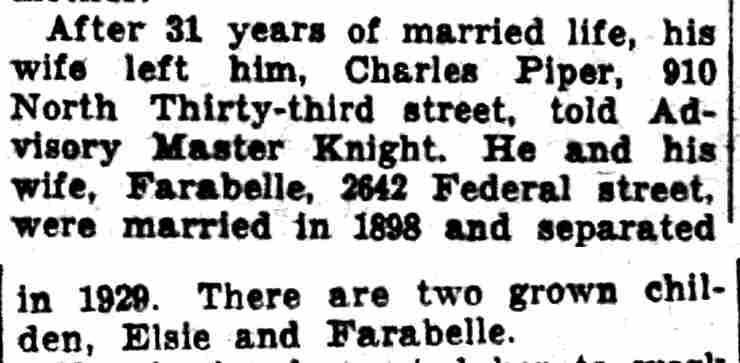Detail of the Charles Piper divorce case, 910 North 33rd Street
