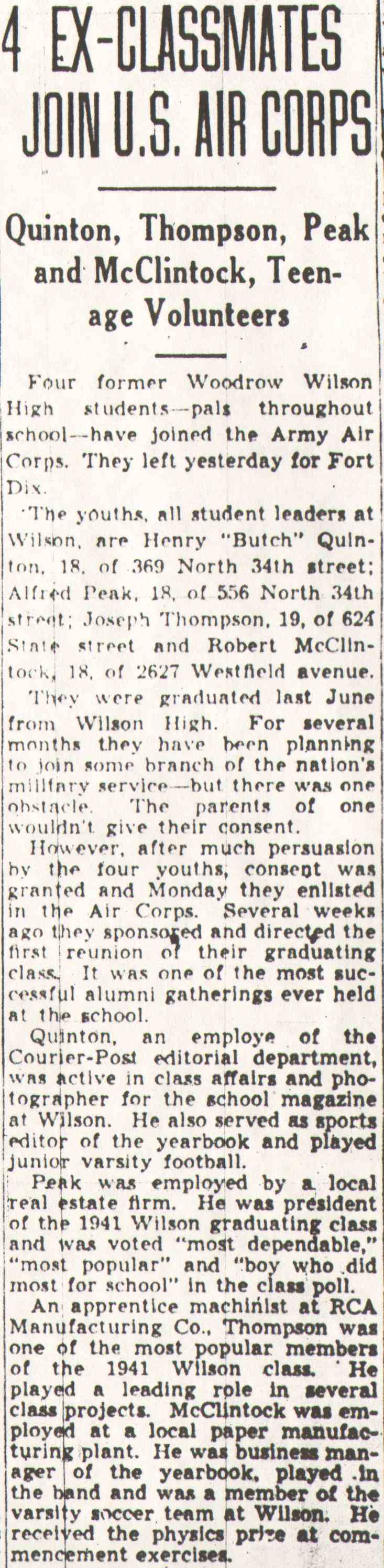 556 North 34th Street — 4 Ex-Classmates Join U.S. Air Corps, Alfred Peak, Camden Courier-Post June 5 1942