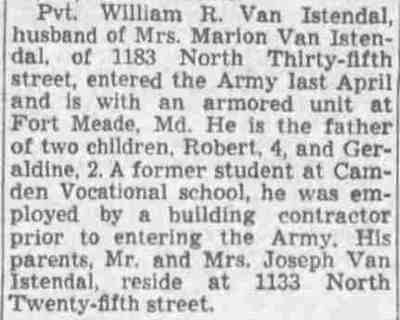 Pvt. William R. Van Istendal article, Camden Courier-Post, October 10, 1944