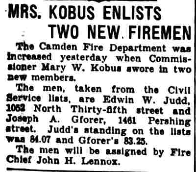 Mrs. Kobus Enlists Two New Firemen, Camden Courier-Post, April 17, 1937