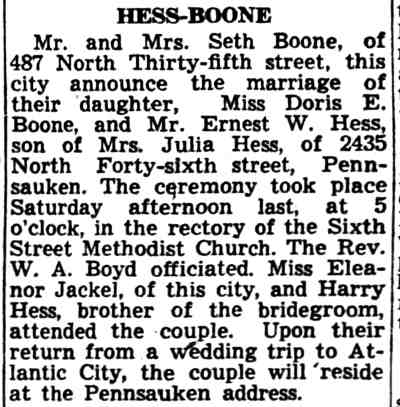 Hess-Boone wedding announcement, Camden Courier-Post, June 24, 1941