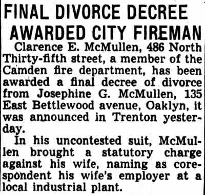 Final Divorce Decree Awarded City Fireman, Camden Courier-Post, February 10, 1939