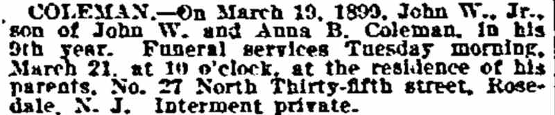 Coleman death notice, Philadelphia Inquirer, March 19, 1899