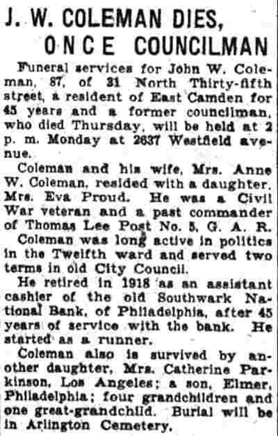 J. W. Coleman Dies, Once Councilman, Camden Courier-Post, February 9, 1935