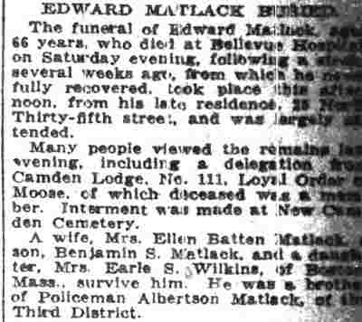 Edward Matlack Buried, Camden Post-Telegram, May 1, 1923