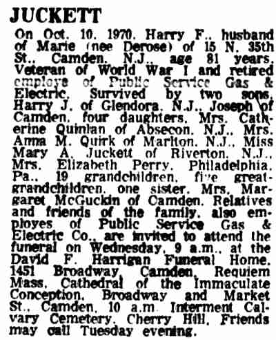 Juckett death notice, Camden Courier-Post, October 9, 1970