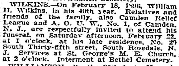 Wilkins death notice, Philadelphia Inquirer, February 21, 1896