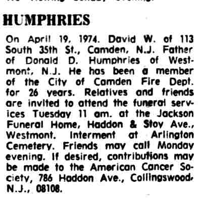 Humphries death notice, Camden Courier-Post, April 20, 1974