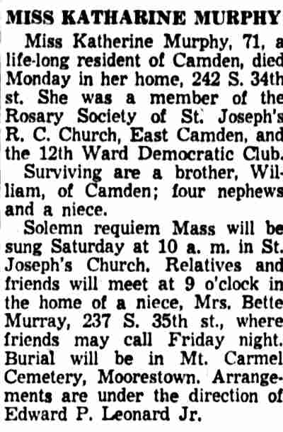 Miss Katharine Murphy obituary, Camden Courier-Post, March 26, 1957